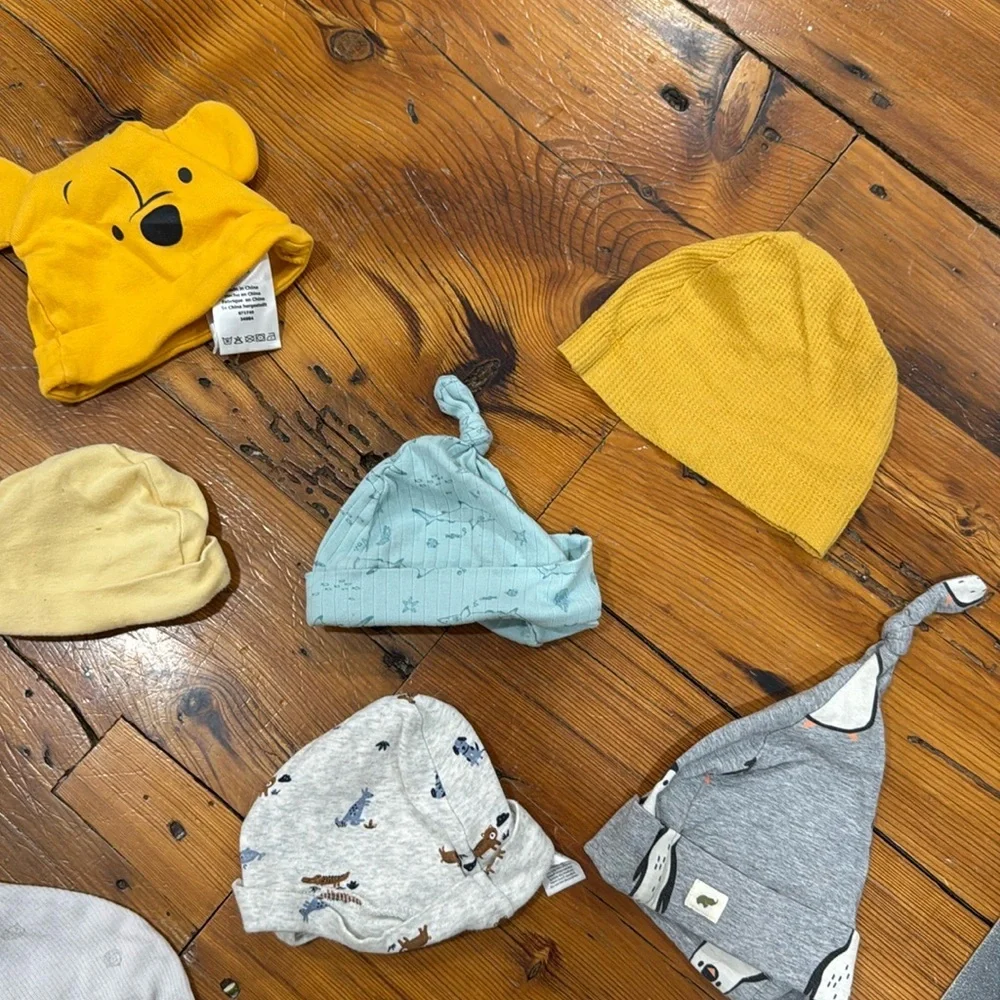 Baby boy hats set of bundle of 9 ranging in sizes 0-12 months